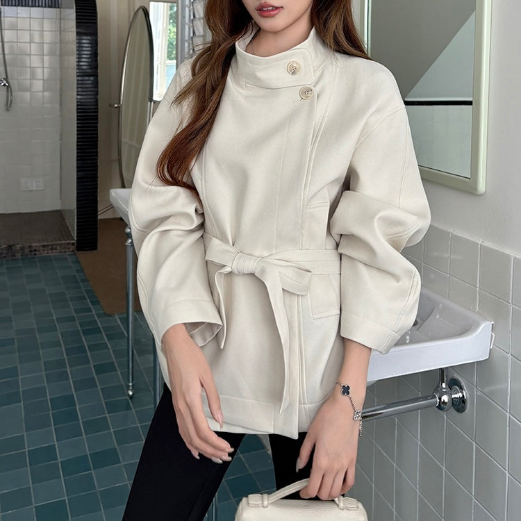 Beige High-Neck Waist Tied Coat