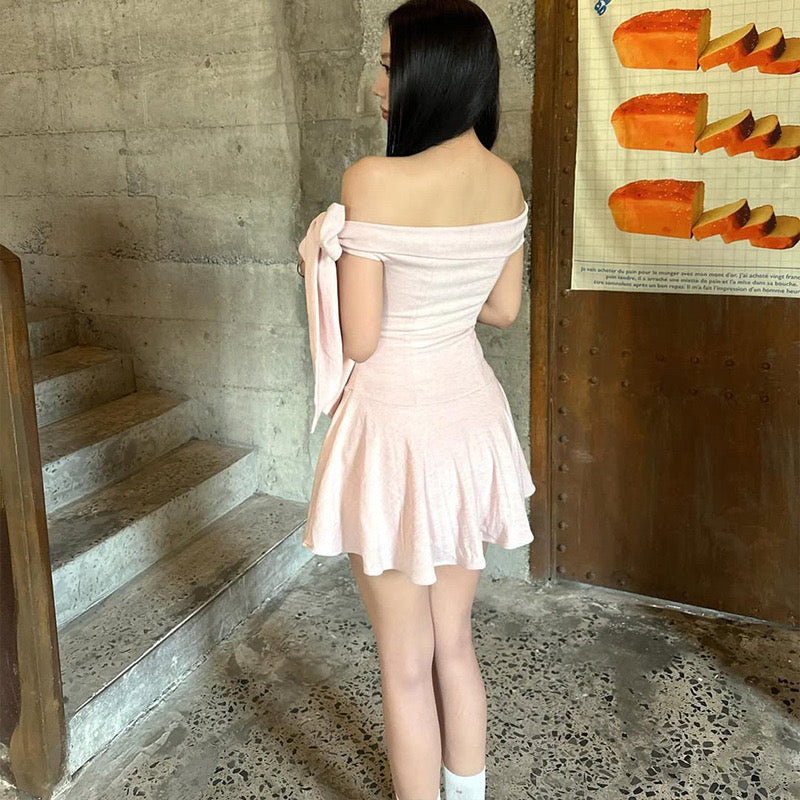 Pale Pink Ribbon Off-Shoulder Dress