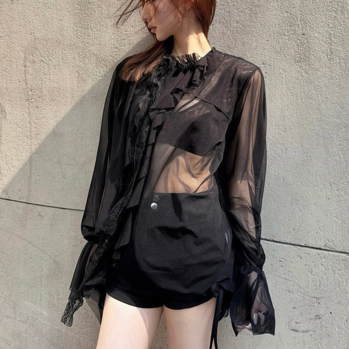 Ruffle Sheer Long-Sleeve Top