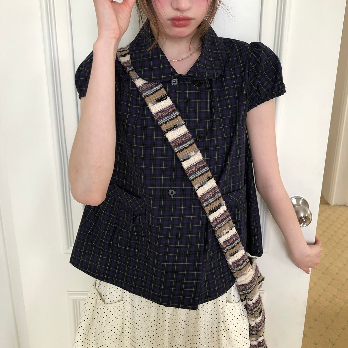 Purple Gingham Puff-Sleeve Top