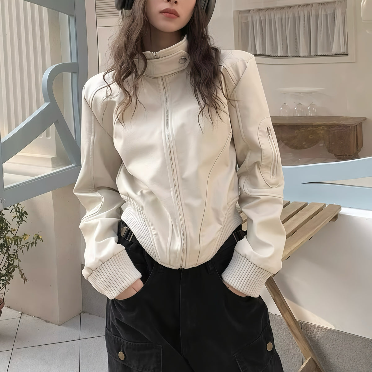 Cream Faux Leather Biker Jacket