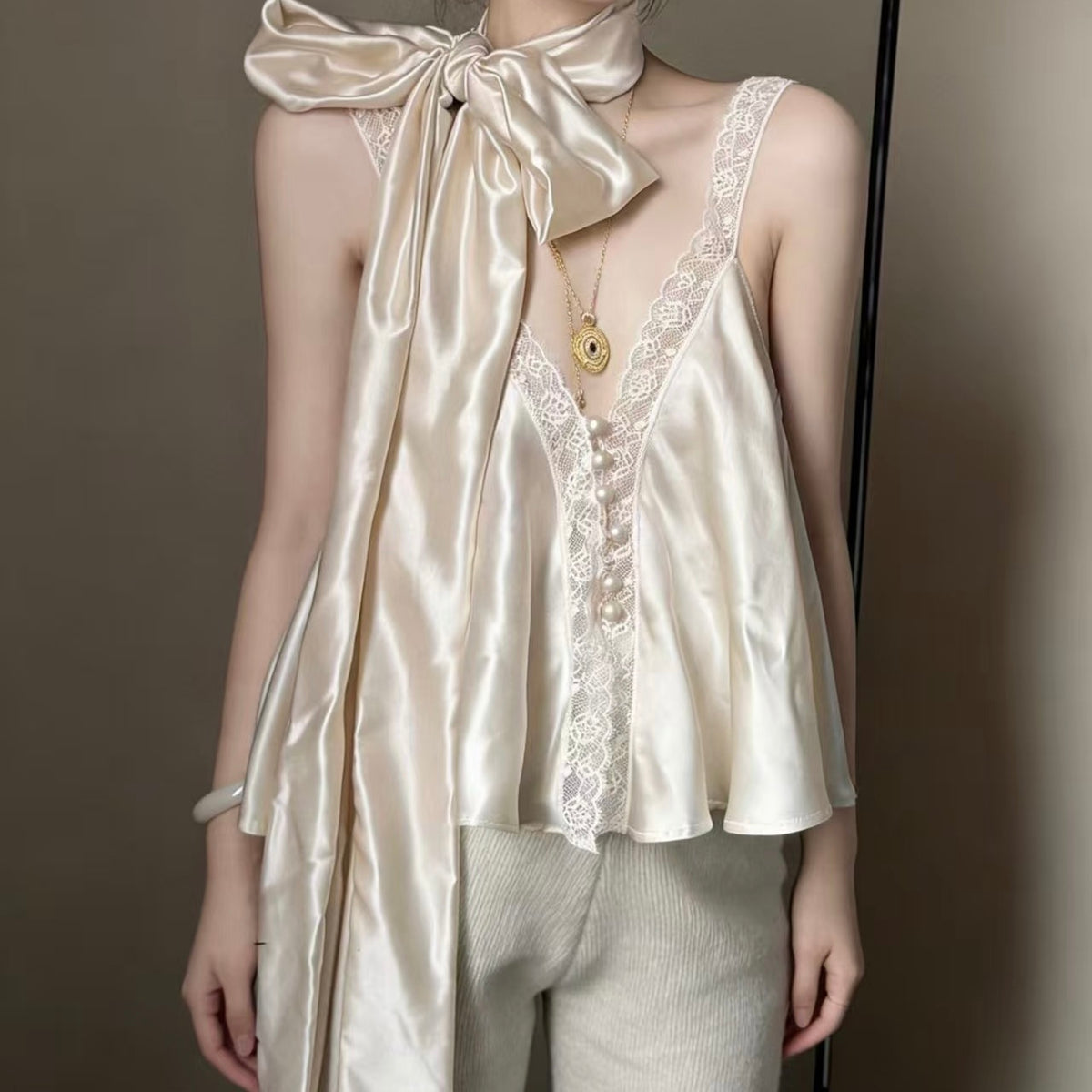 Champagne Satin Ribbon Scarf Lace Camisole