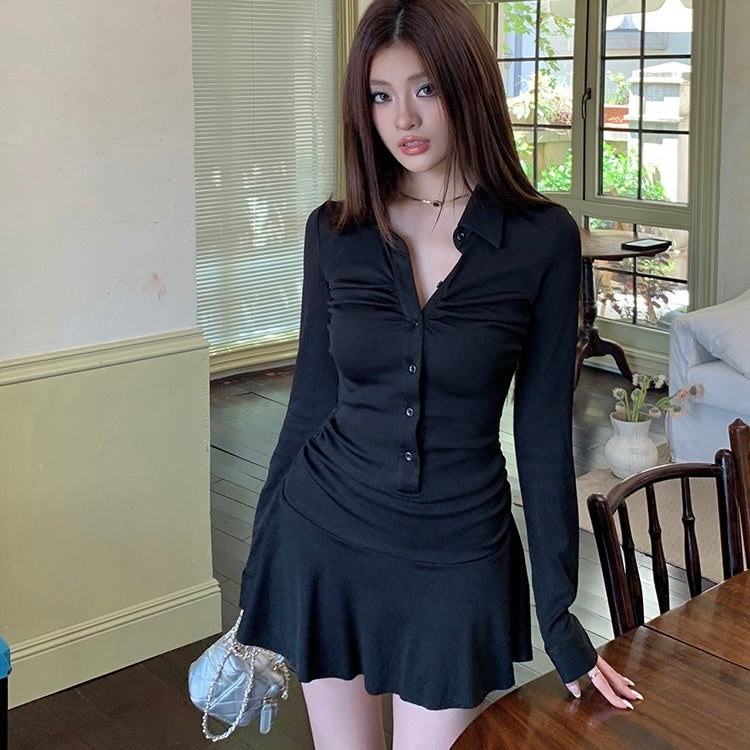 Black Middle Cinch Button-Up Dress
