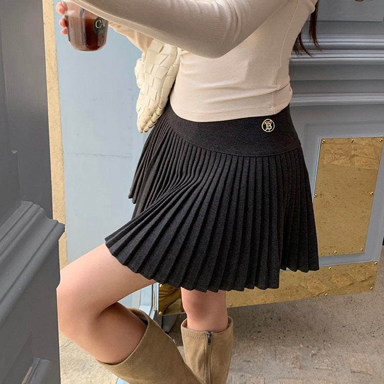 Thick Pleated Gold Button Skirt
