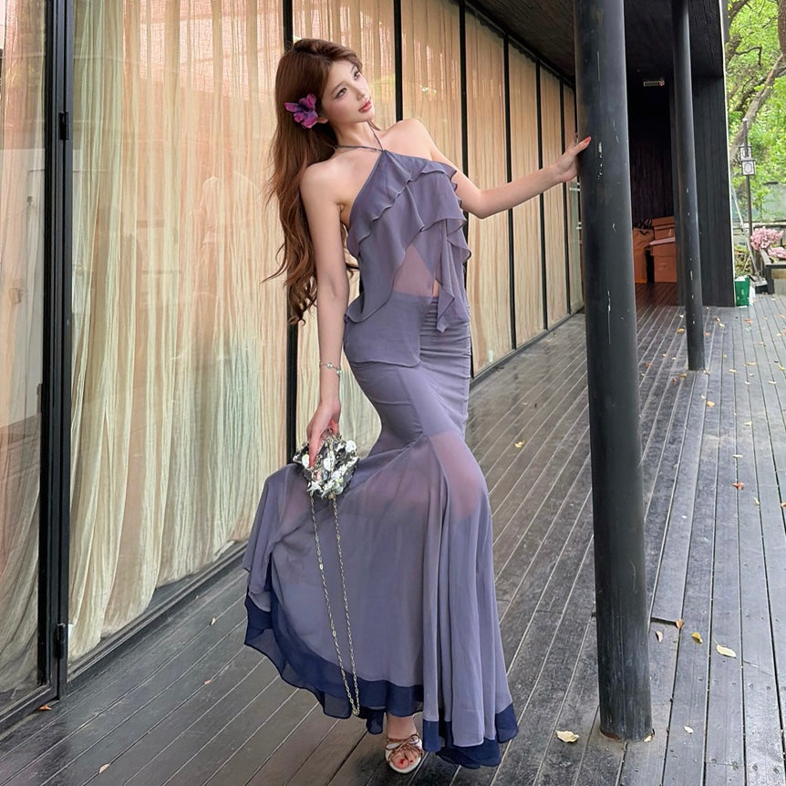 Purple Ruffle Halter Maxi Set