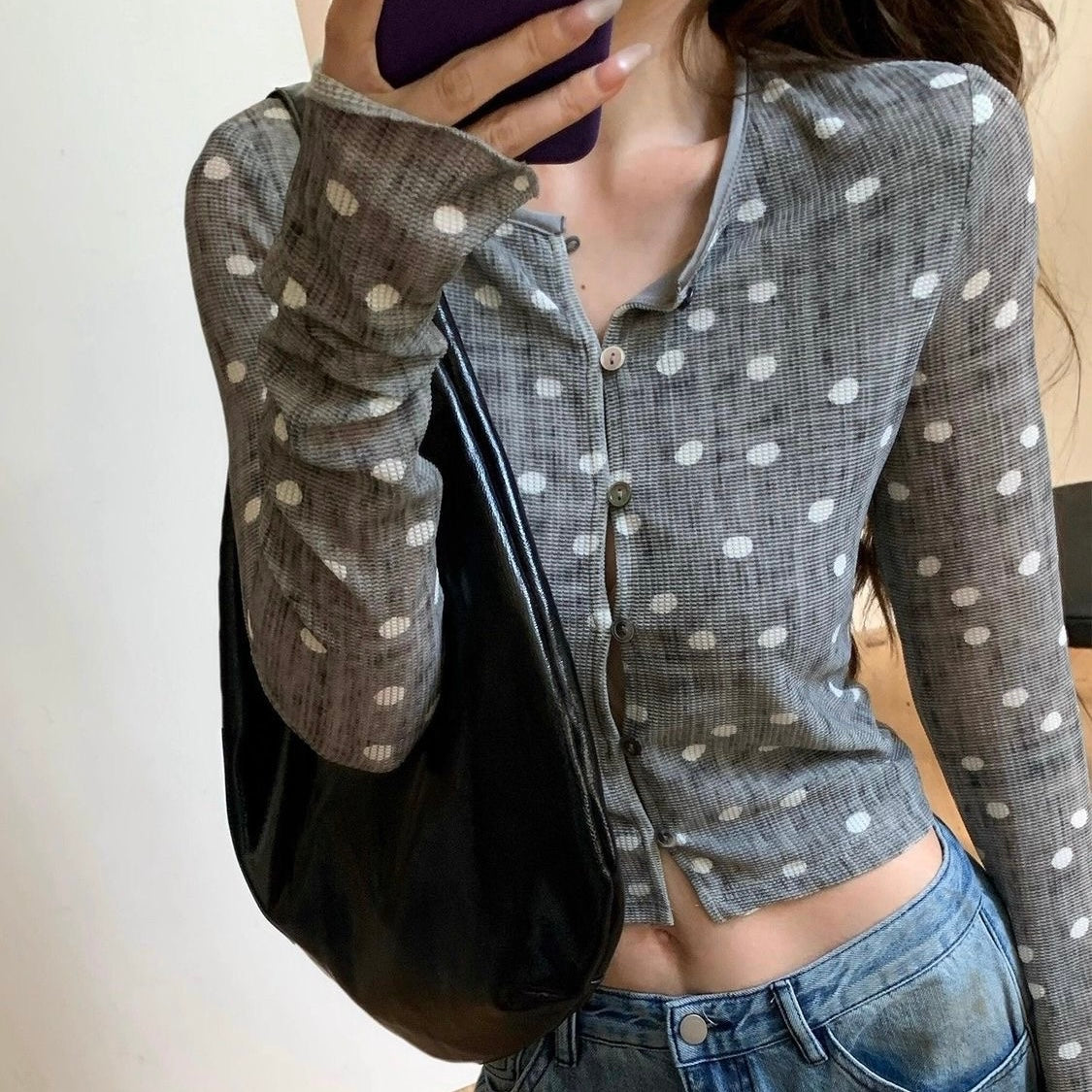 Grey Polka Dot Button Long Sleeve Top