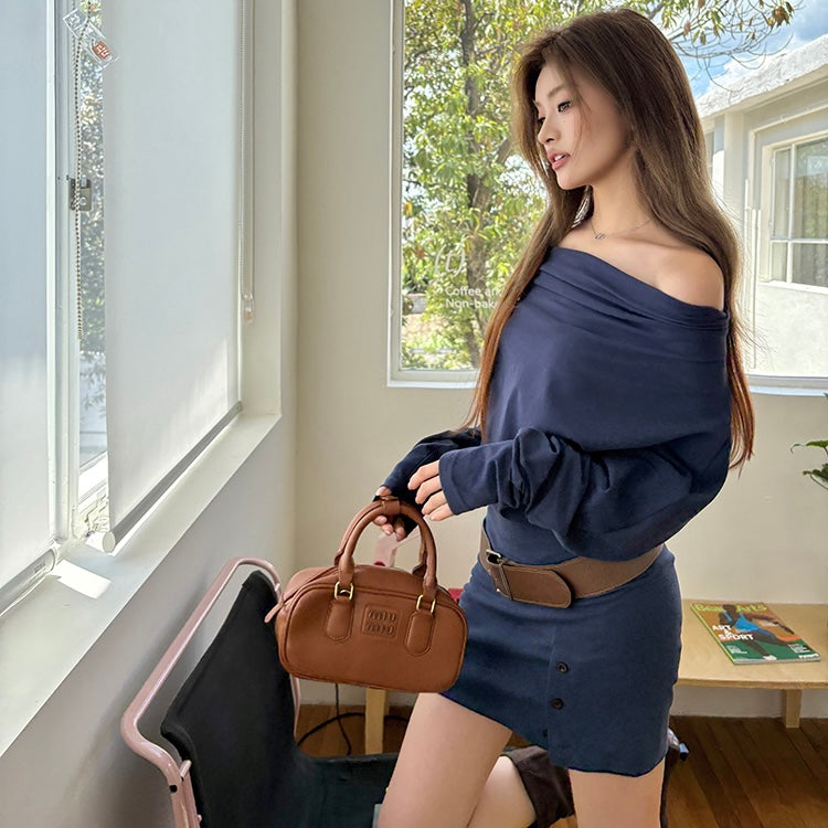 Navy Knit Off-Shoulder Long-Sleeve Belt Dress