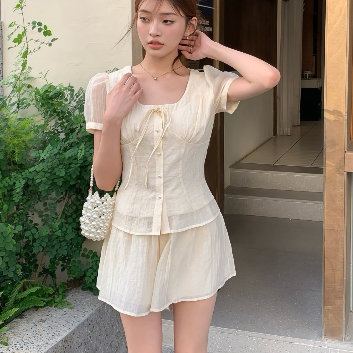 Beige Light Short Flowy Top Skirt Set