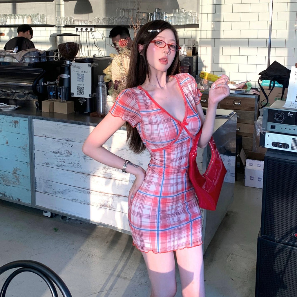 Red Plaid Blue Accent Short Sleeve Dress
