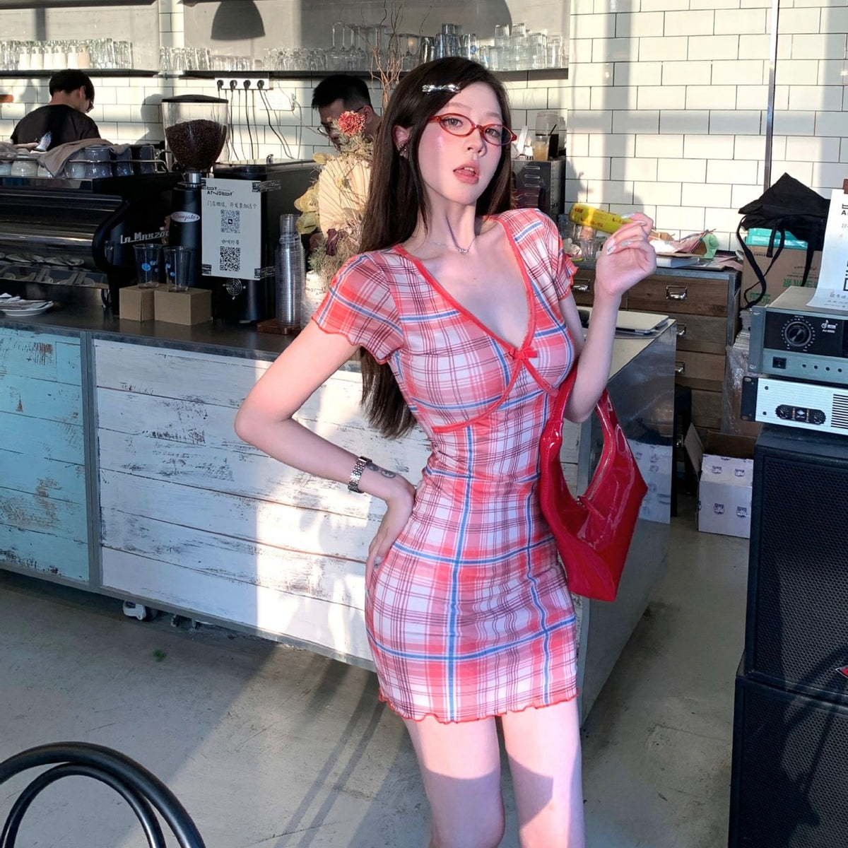 Red Plaid Blue Accent Short Sleeve Dress