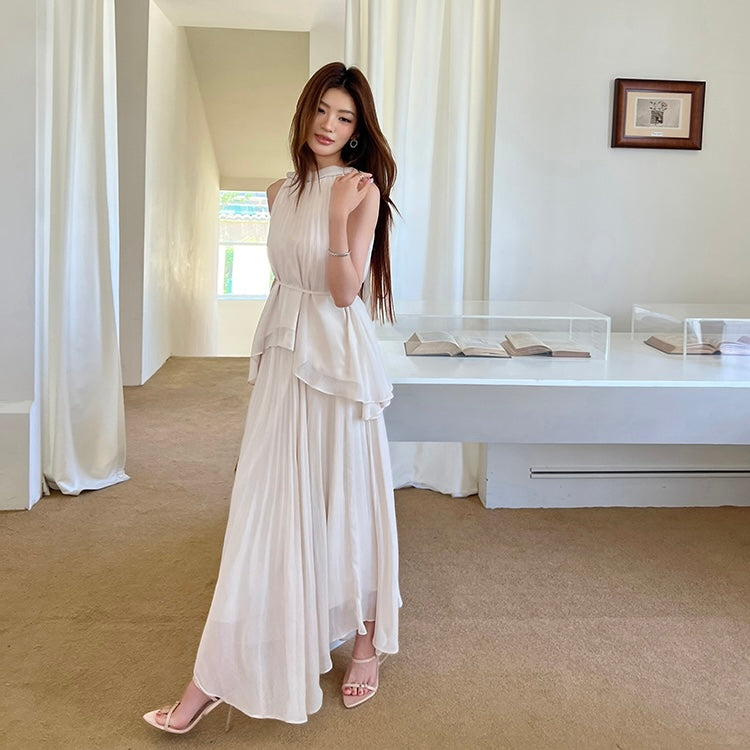 Beige Pleated Maxi Halter Dress