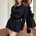 Black Button Long-Sleeve Pleated Dress