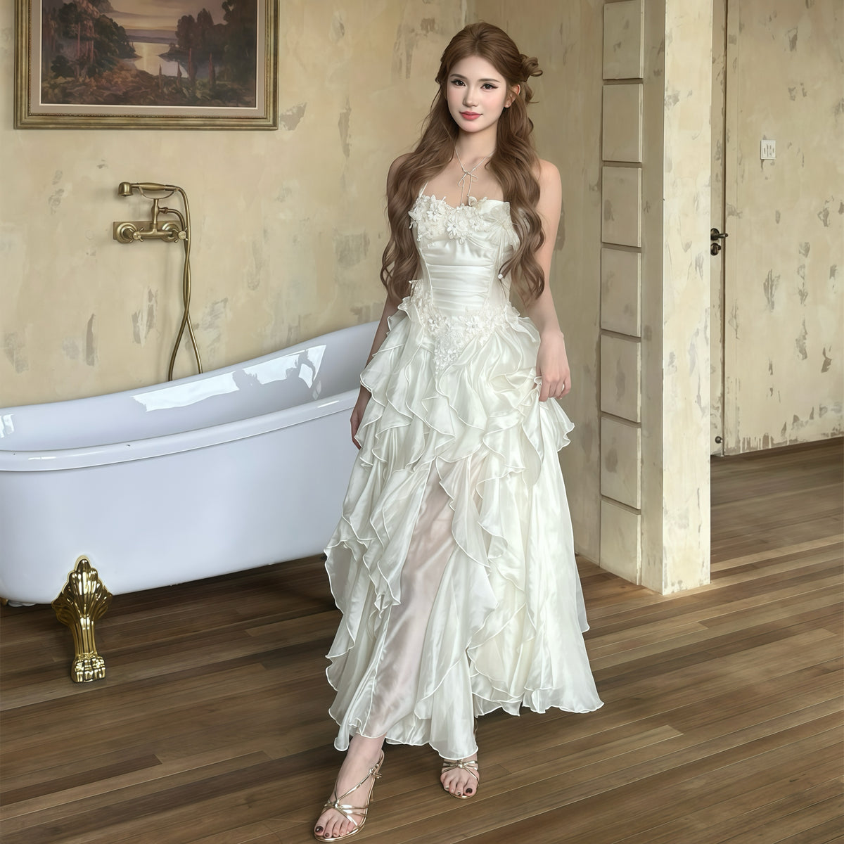 White Ruffle Back Ribbon Gown