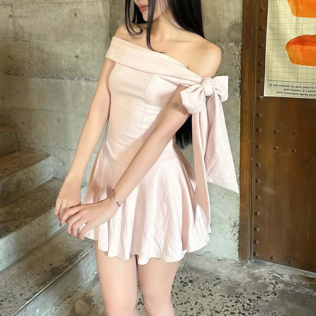 Pale Pink Ribbon Off-Shoulder Dress