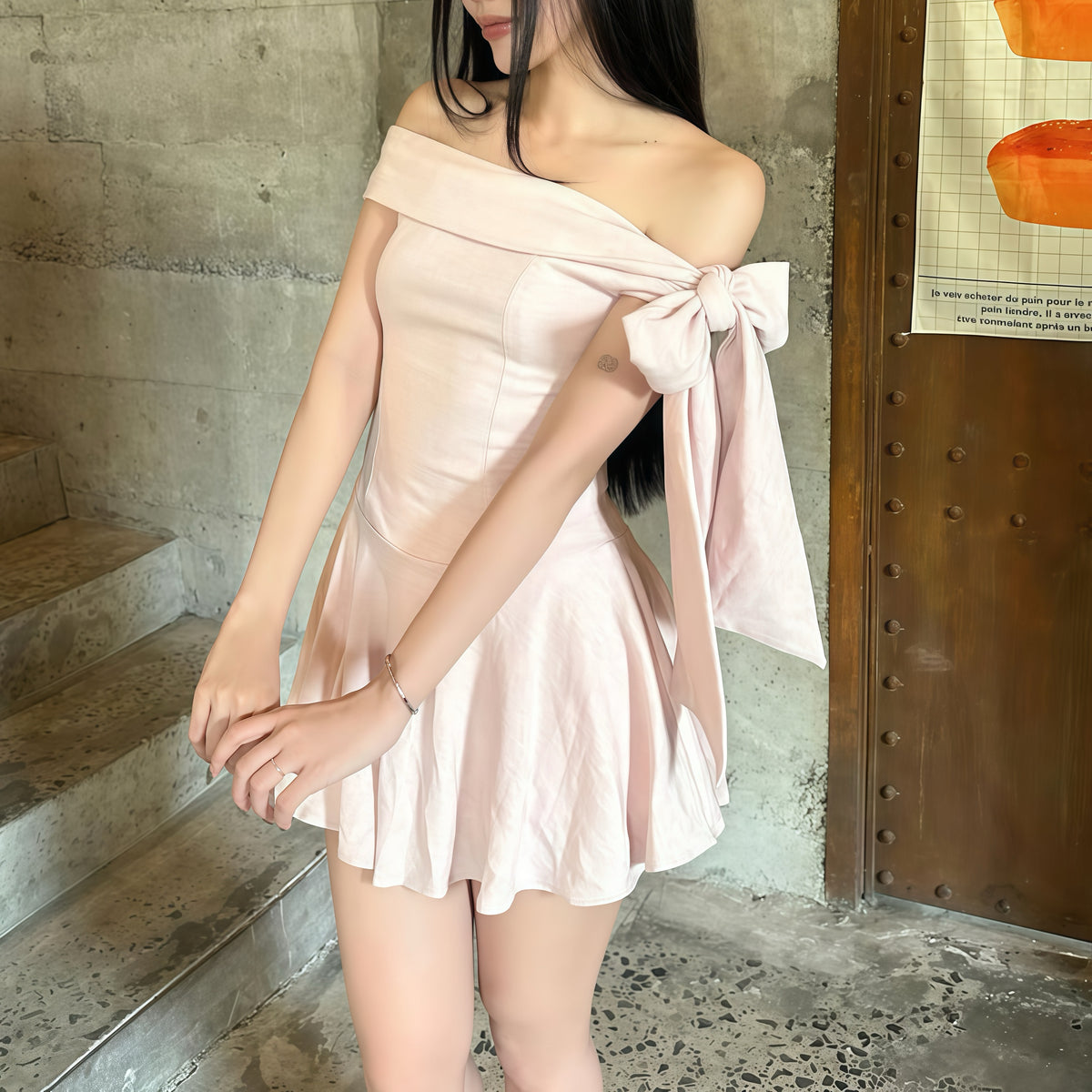 Pale Pink Ribbon Off-Shoulder Dress