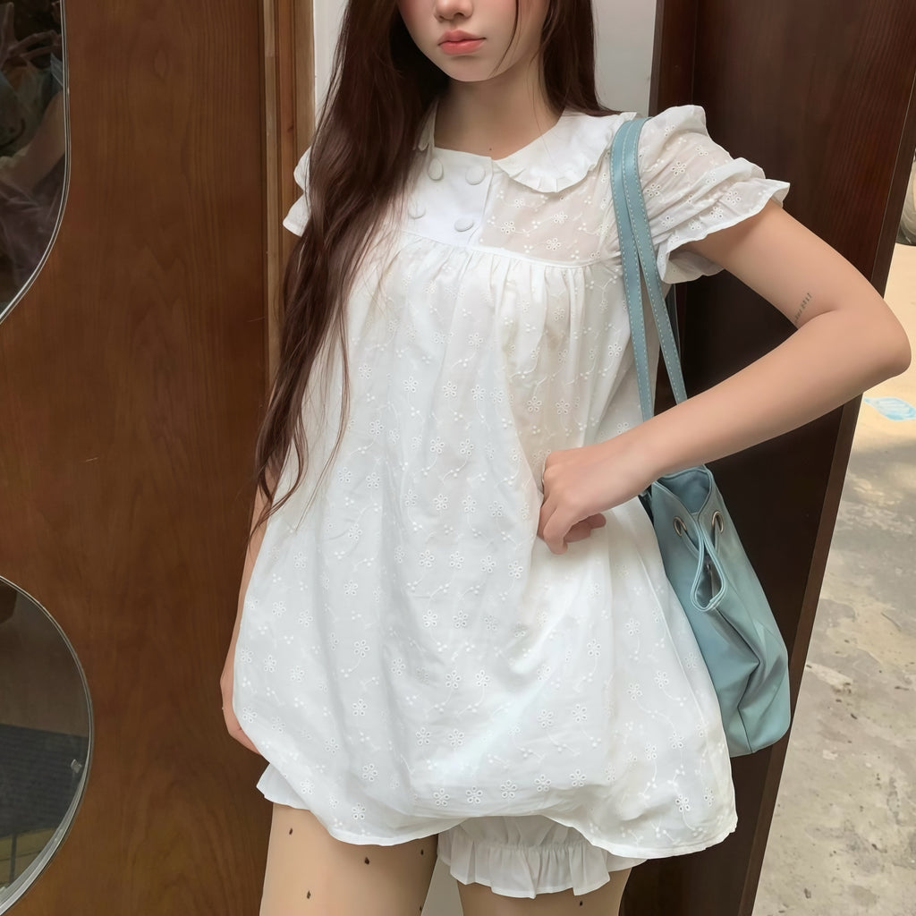 White Babydoll Frill Hem Top Shorts Set