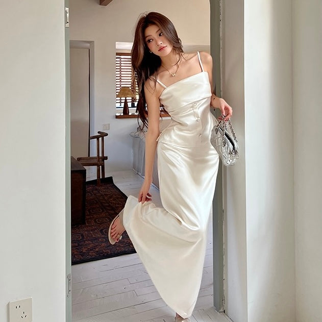 White Satin Camisole Maxi A-Line Skirt Set
