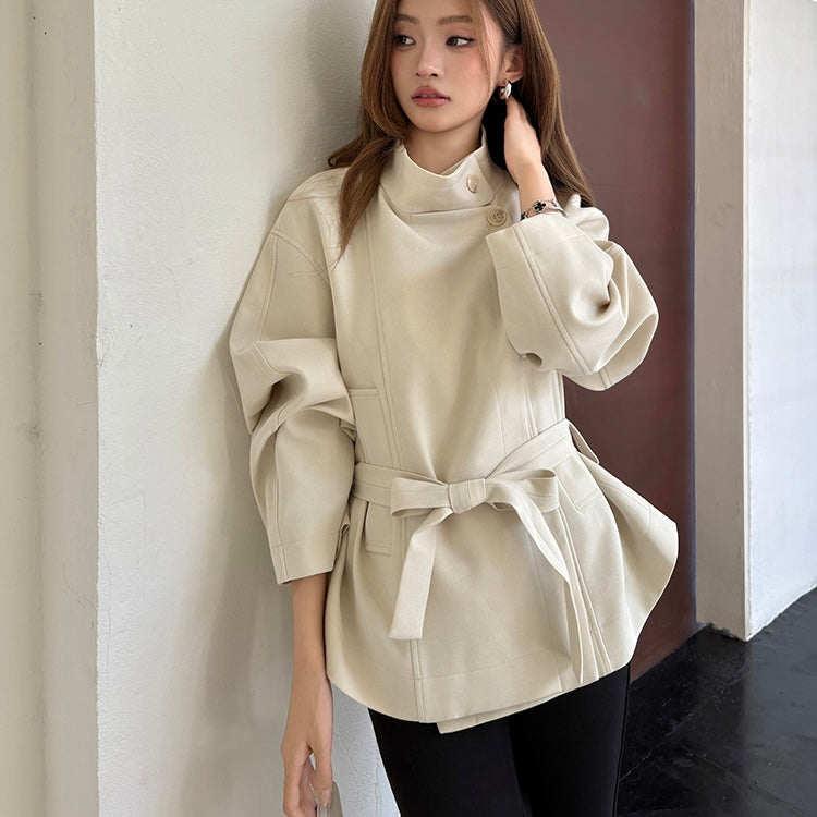 Beige High-Neck Waist Tied Coat