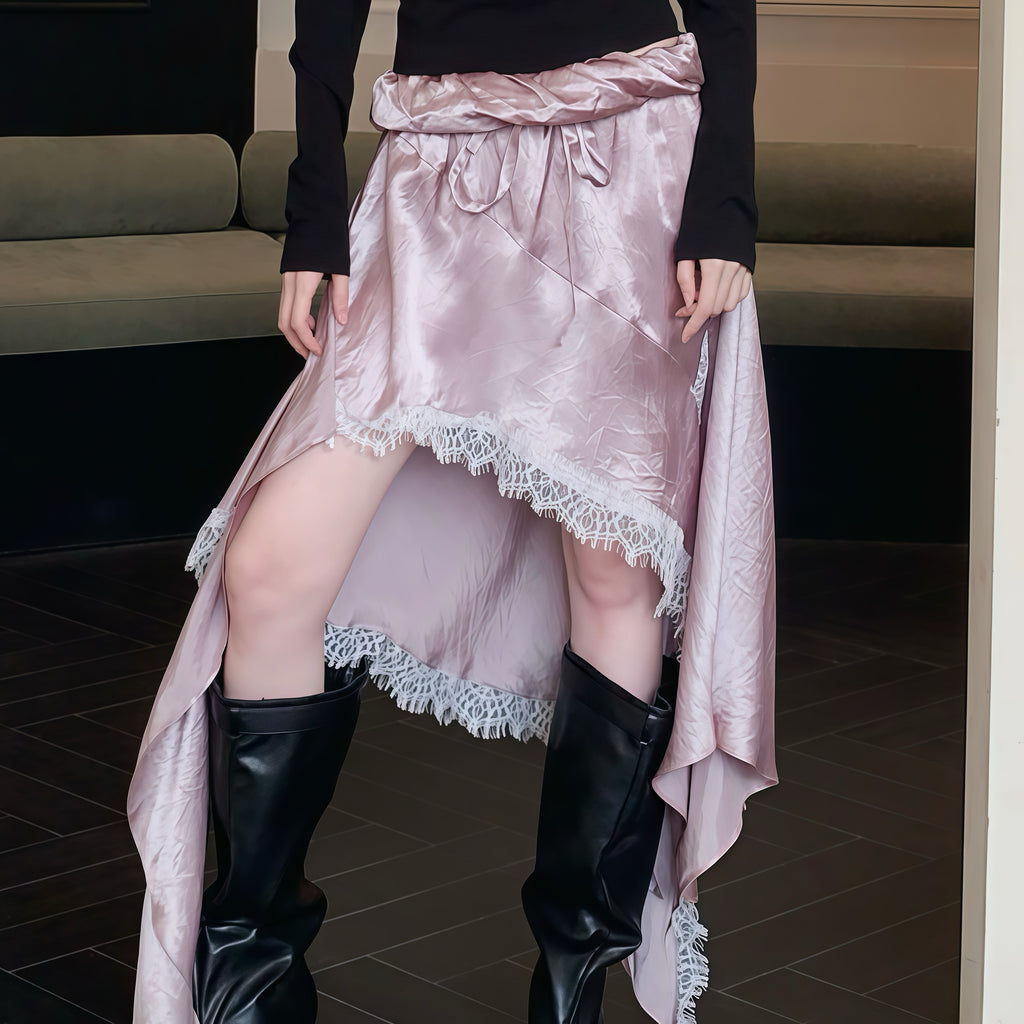 Lilac Silk Lace Trim Asymmetric Long Skirt