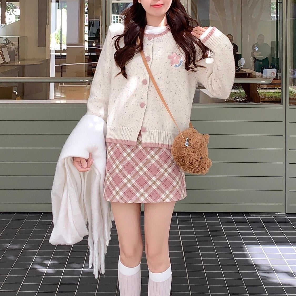 Flower Pink Hem Button Cardigan