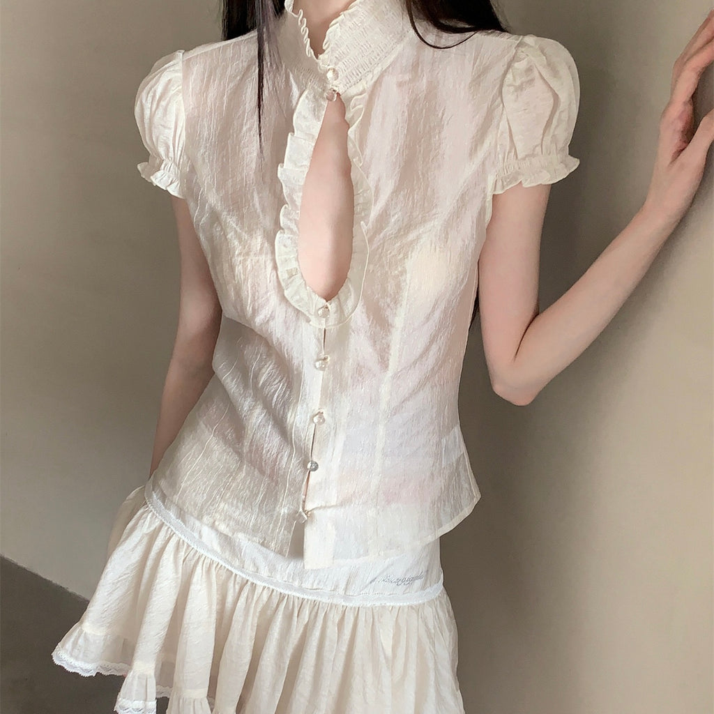Beige Sheer High Collar Puff Sleeve Skirt Set