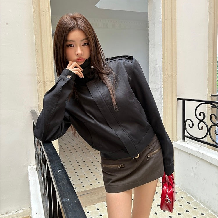 Black Wide Shoulder High Zip-Up Jacket