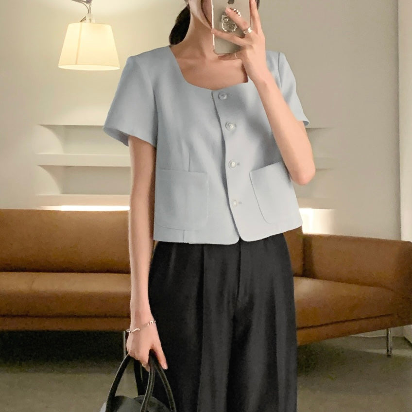 Button-Up Short-Sleeve Blazer