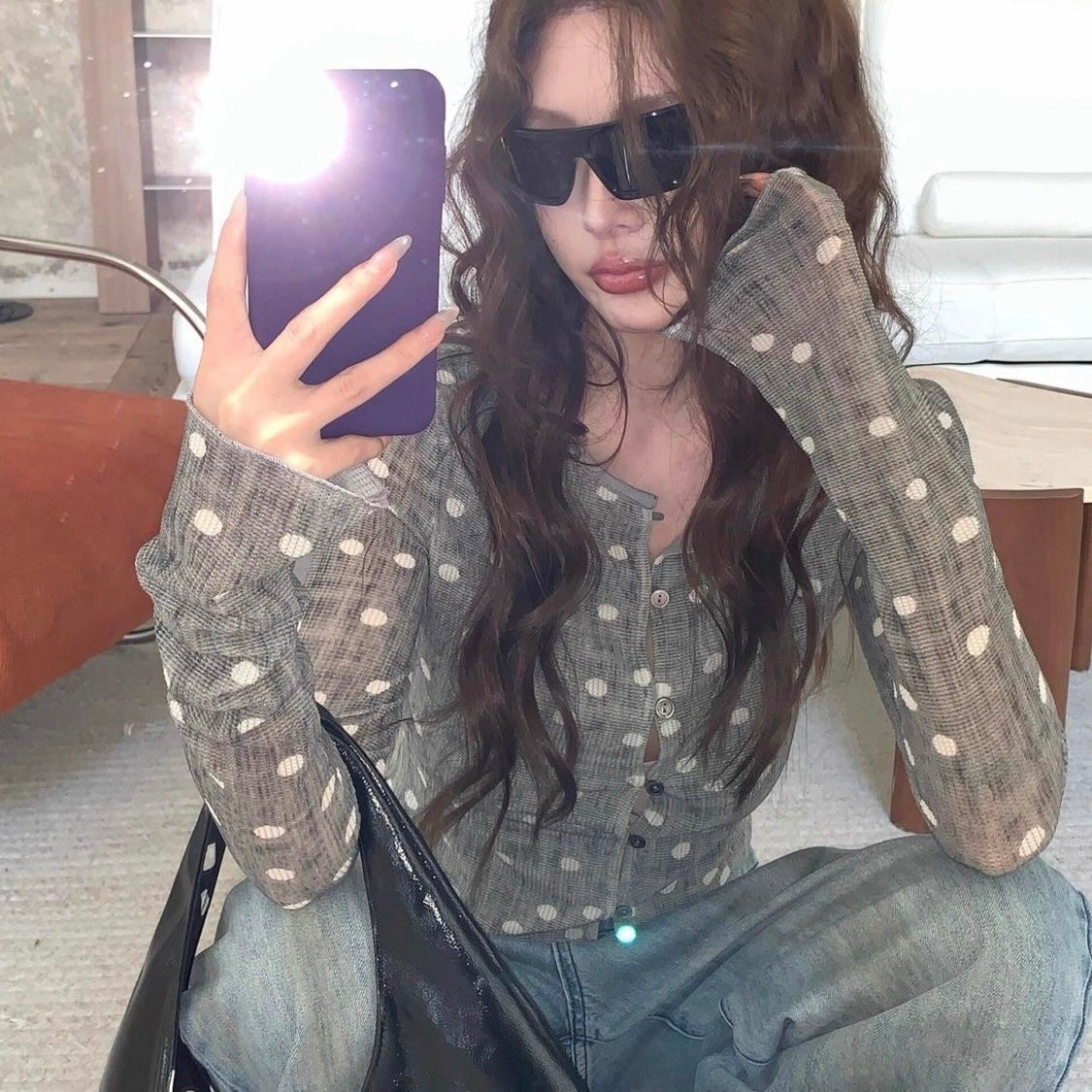 Grey Polka Dot Button Long Sleeve Top