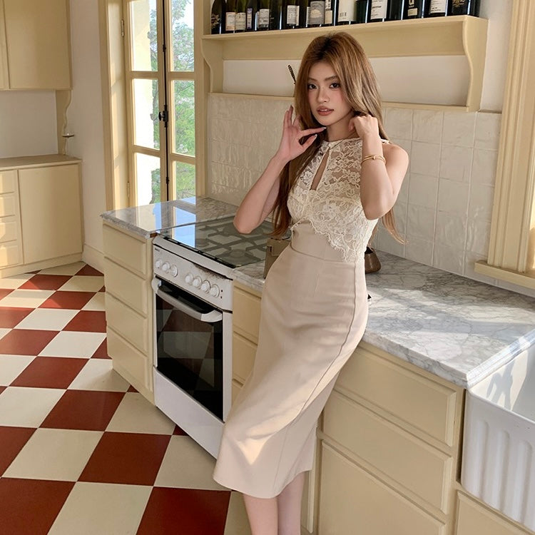 Beige Lace Front Halter Pencil Dress