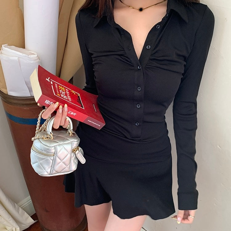 Black Middle Cinch Button-Up Dress