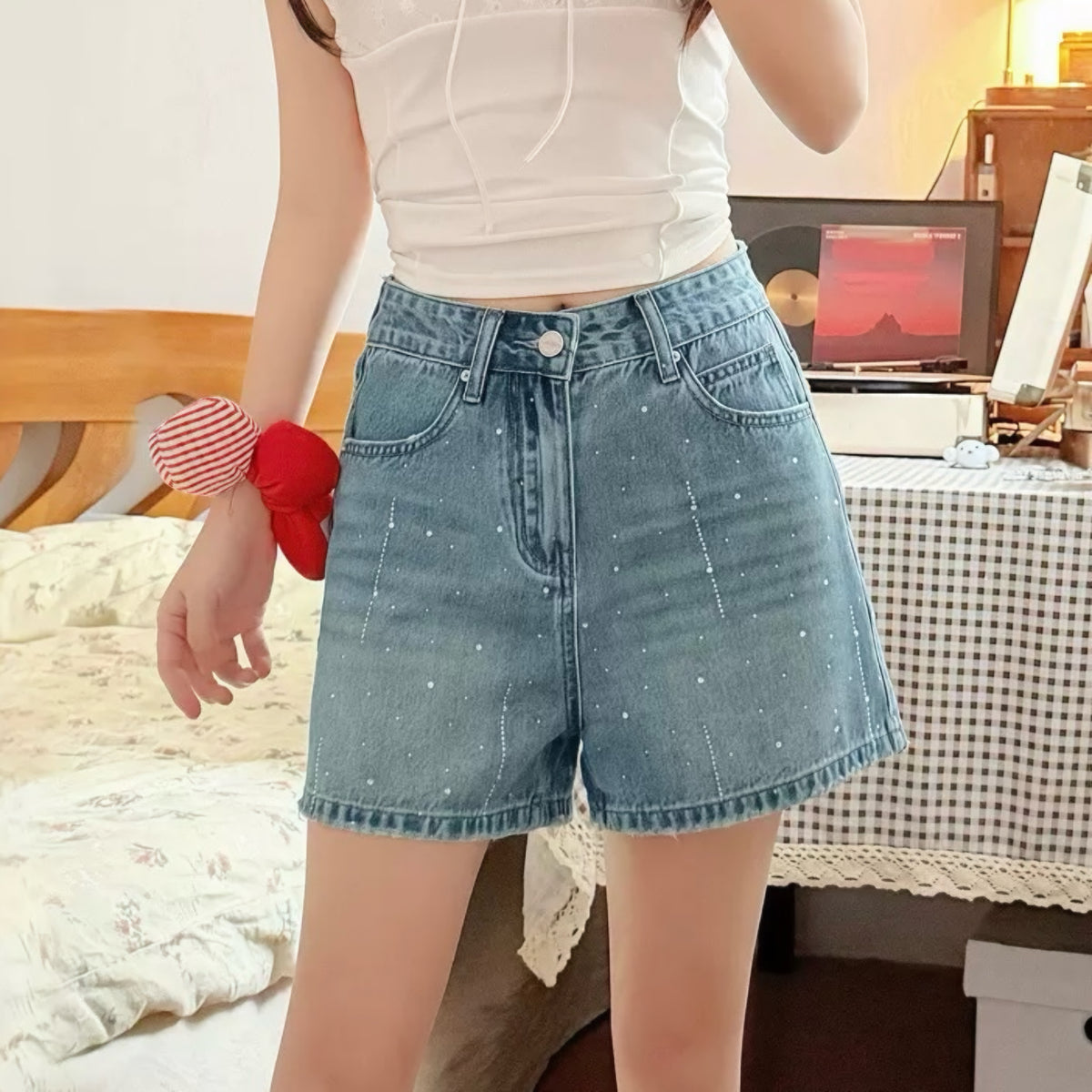 Sparkly Rhinestone Blue Denim Shorts