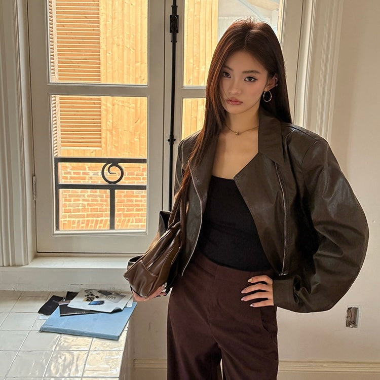Brown Crop Faux Leather Zip Jacket
