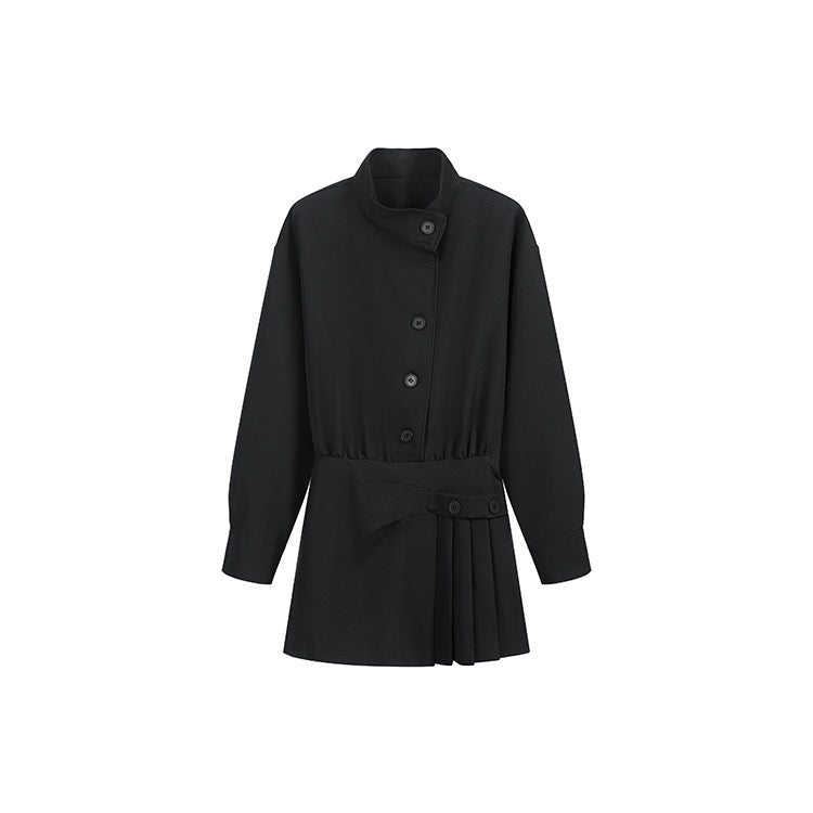 Black Button Long-Sleeve Pleated Dress