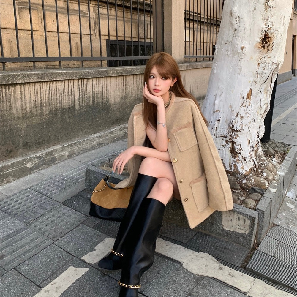 Tan Wool Coat Belt Skirt Set
