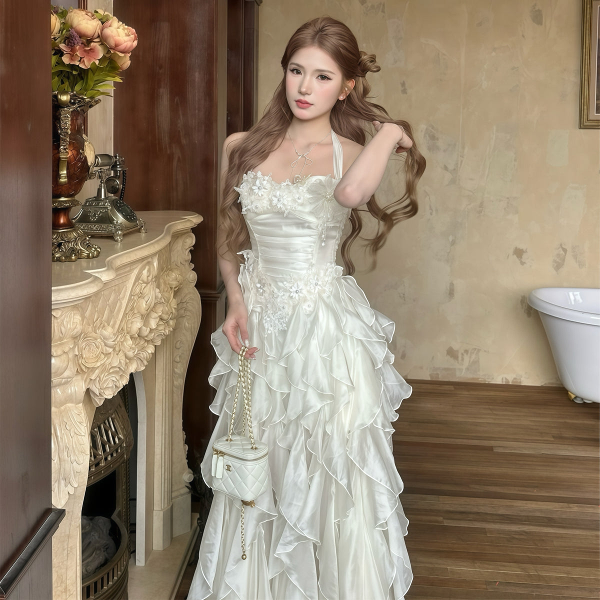 White Ruffle Back Ribbon Gown