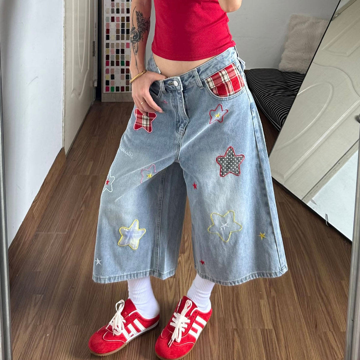 Red Star Patch Denim Denim Blue Jorts