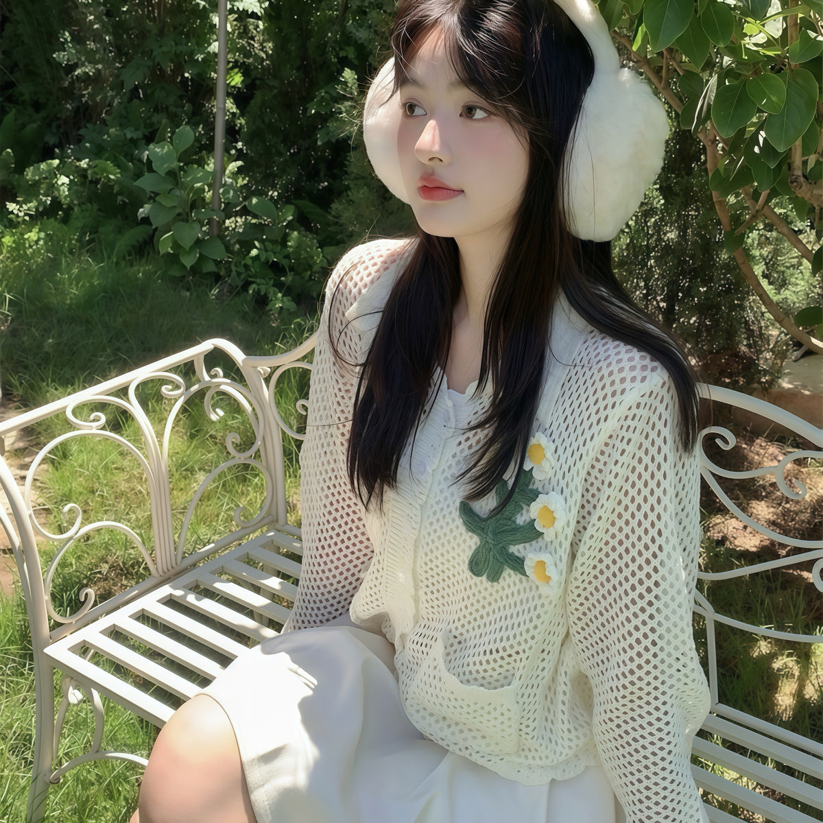 Sunflower Crochet Net White Sweater