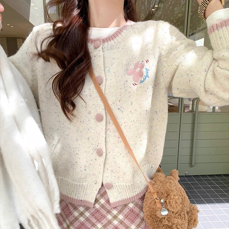 Flower Pink Hem Button Cardigan