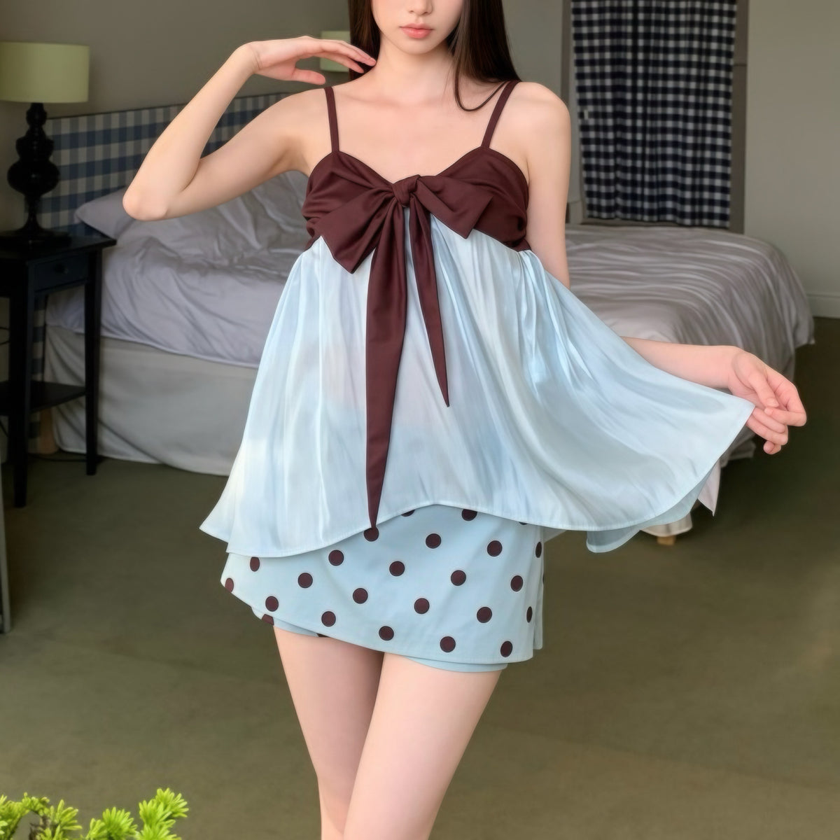 Brown & Blue Camisole Polka Dot Skirt Set