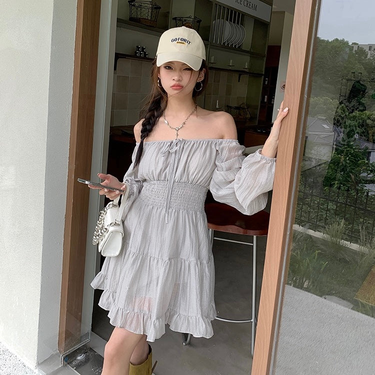 Grey Puff-Sleeve Boho Ruffle Dress