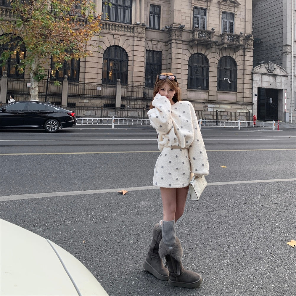 Beige Purple Polka Dot Sweater Skirt Set