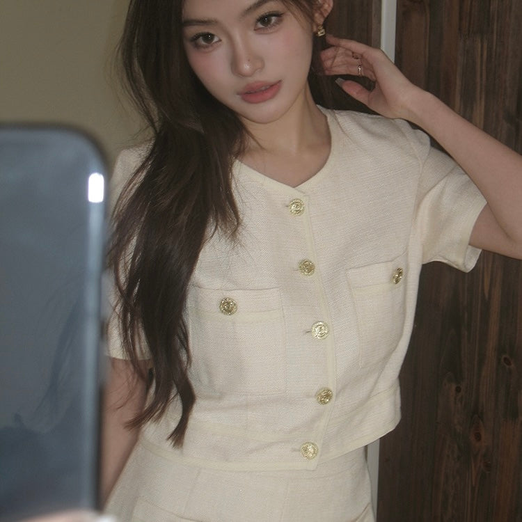 Beige Gold Button Top Shorts Set