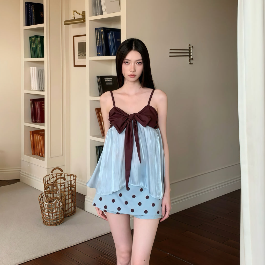 Brown & Blue Camisole Polka Dot Skirt Set
