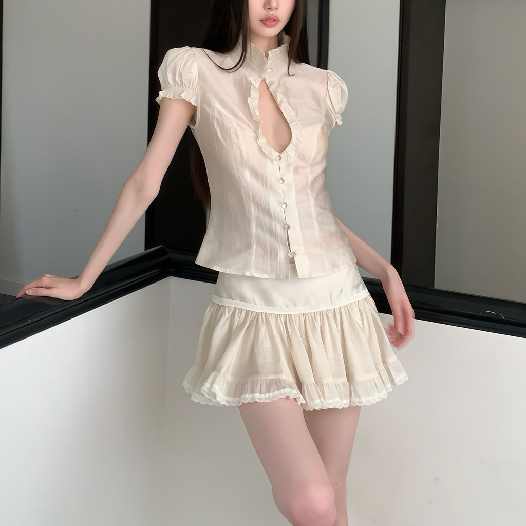 Beige Sheer High Collar Puff Sleeve Skirt Set