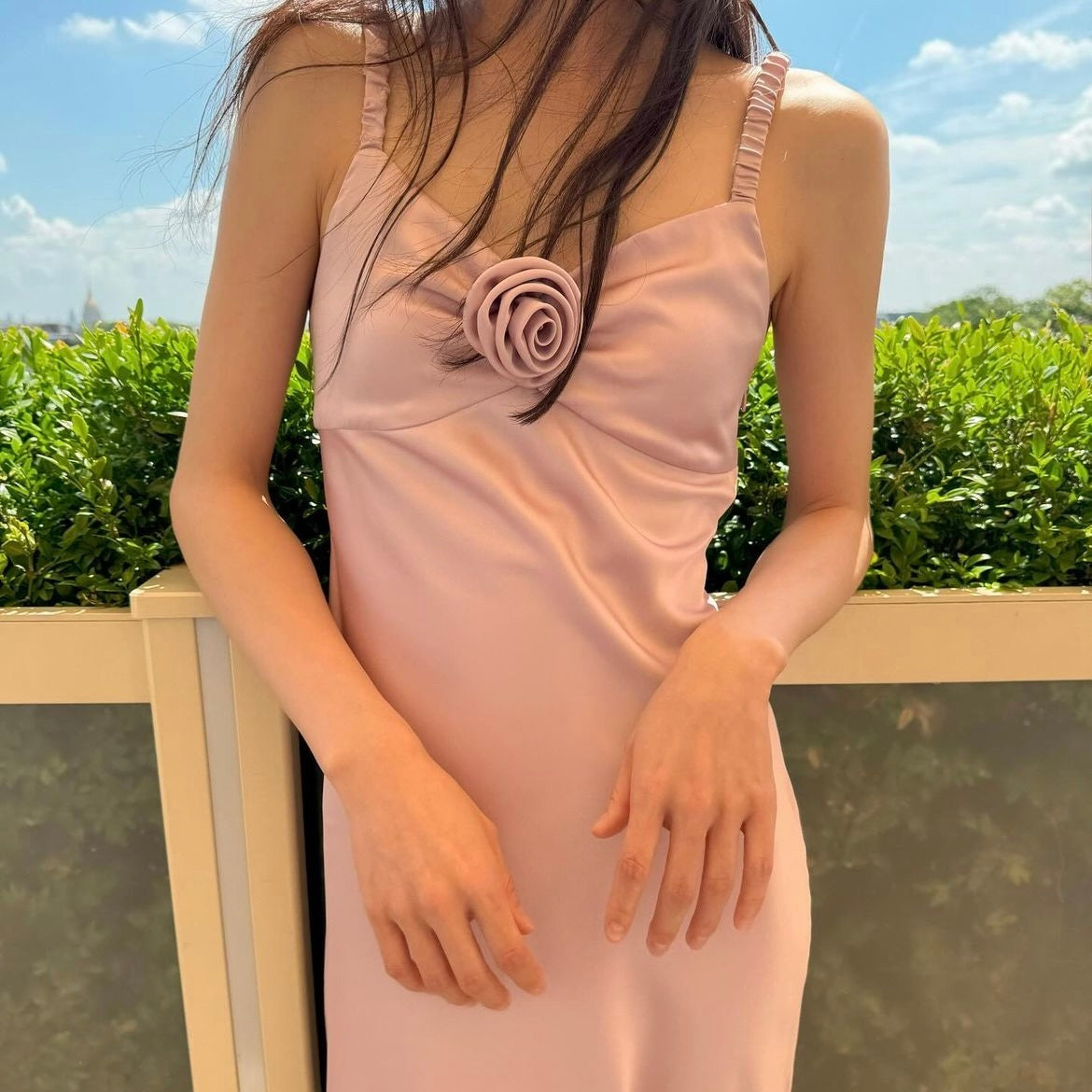 Satin Rose Neck Slip Maxi Dress