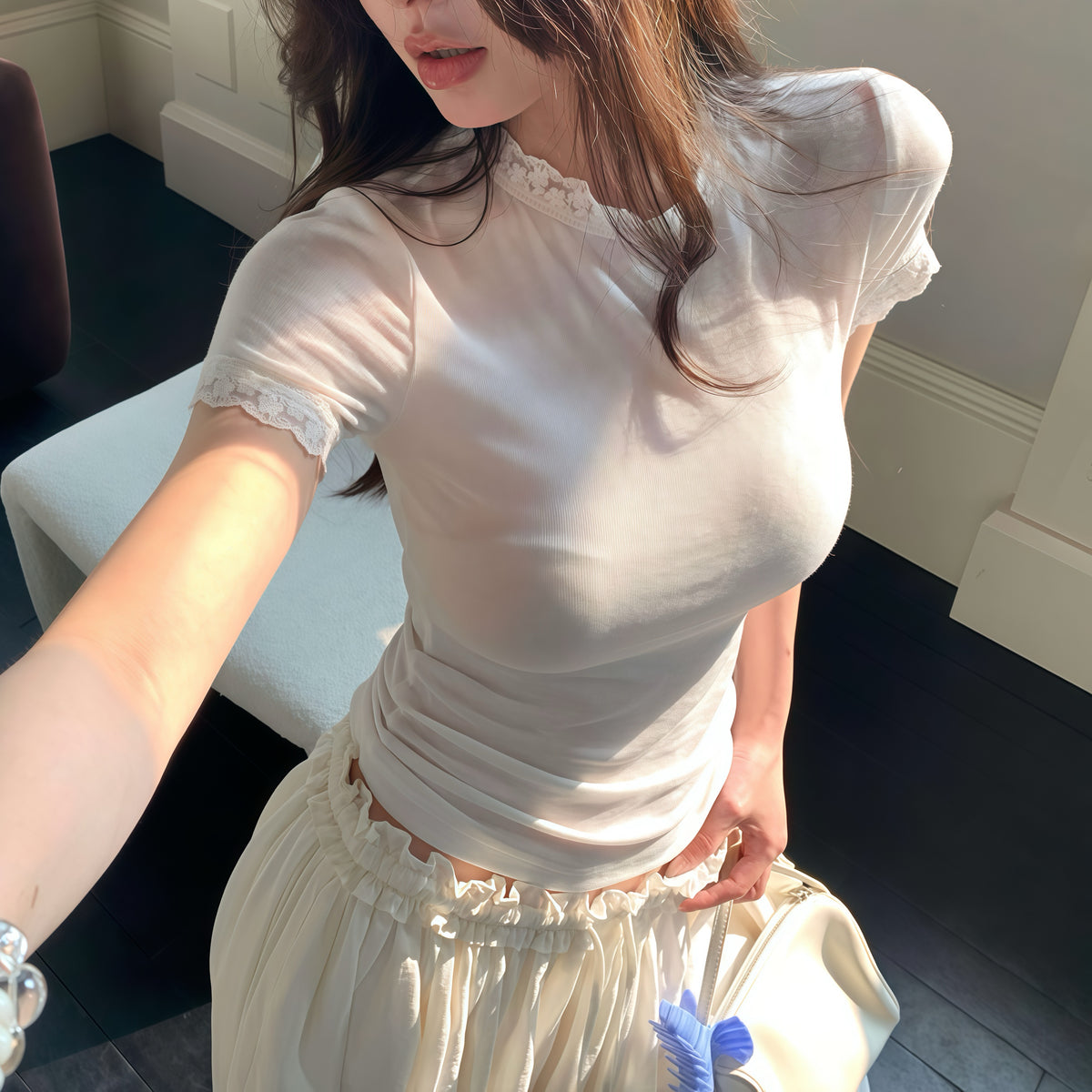 White Sheer Lace Trim Baby Tee