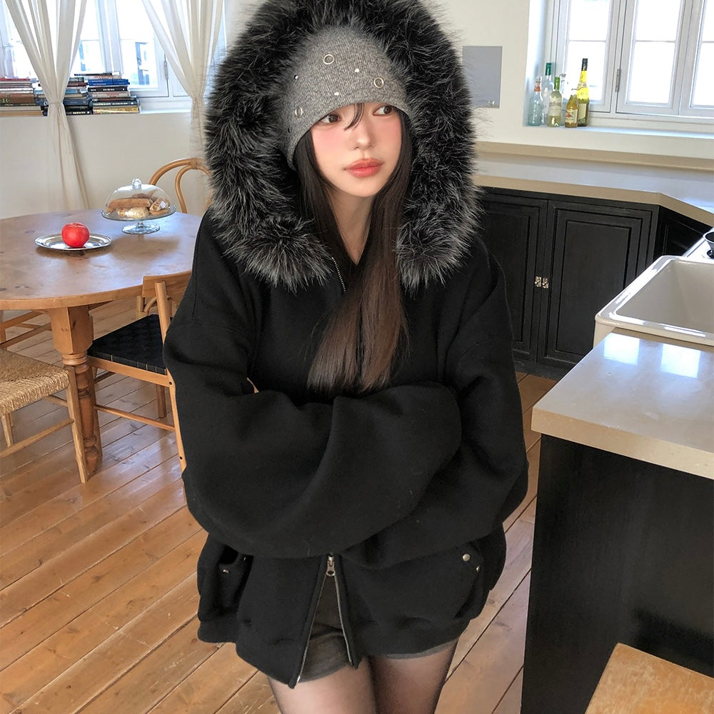 Black Fleece Lined Hood Zip Jacket