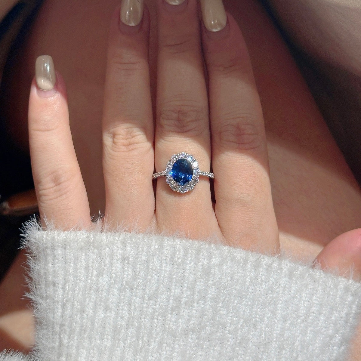 Oval Sapphire Diamond Halo Ring S925