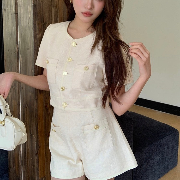 Beige Gold Button Top Shorts Set