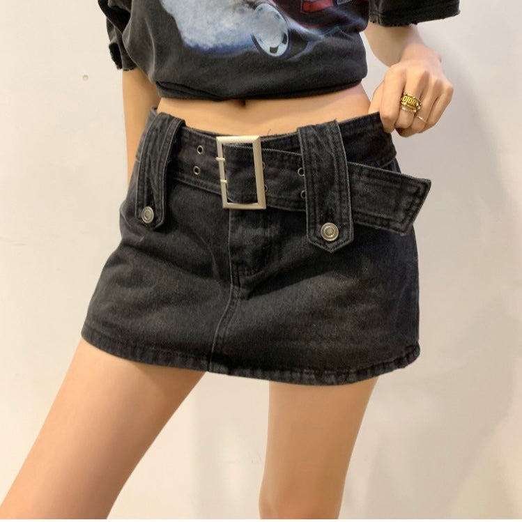 Black Buckle Belt Denim Mini Skirt